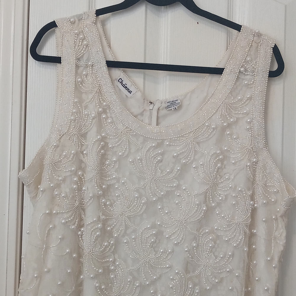 Cream color formal dress with lace, pearls and sequins 2X NWOT